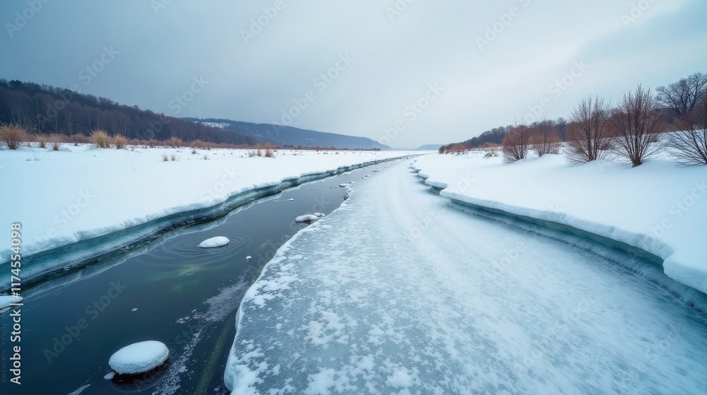 Serene winter landscape featuring a partially frozen river meandering through a snow-covered field, bordered by leafless trees under a pale sky. Serene winter landscape featuring a partially frozen river meandering through a snow-covered field, bordered by leafless trees under a pale sky.