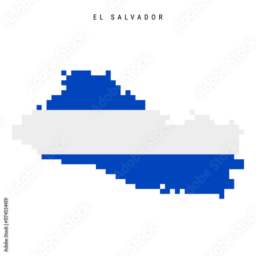 El Salvador pixel flag map icon. 8 bit pixel art Salvadoran map covered with flag. Flat vector illustration isolated on white background.