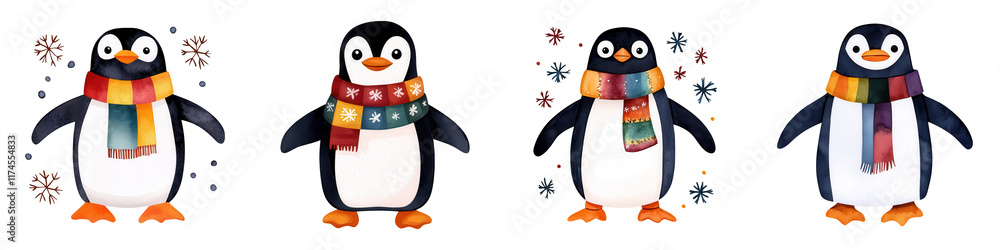 Fototapeta premium Playful and Colorful Penguin Characters with Vibrant Scarves Perfect for Winter-Themed s, , and Children's Educational Materials