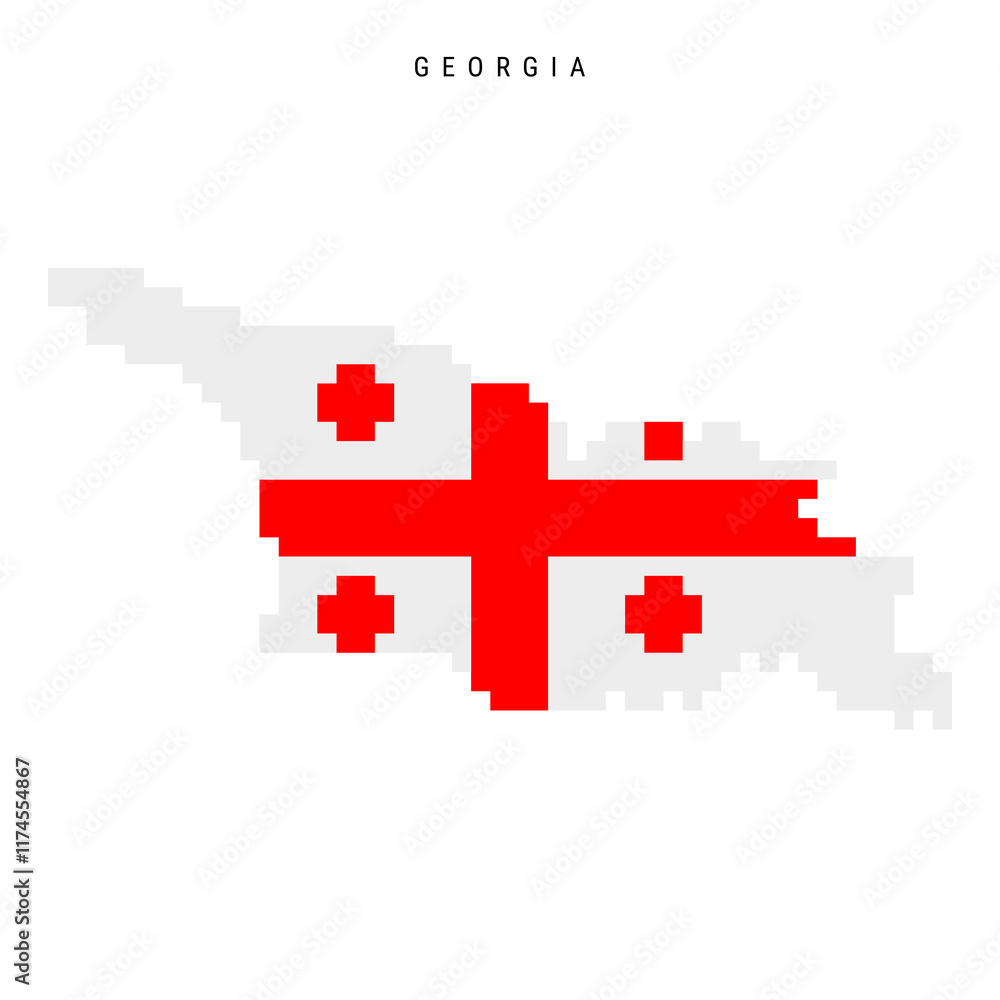 Obraz premium Georgia pixel flag map icon. 8 bit pixel art Georgian map covered with flag. Flat vector illustration isolated on white background.