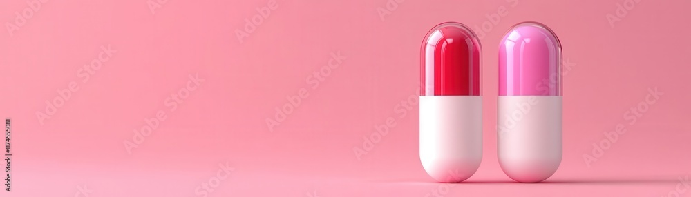 Two colorful capsules in pink and red on a soft pink background, symbolizing health, medicine, or beauty.