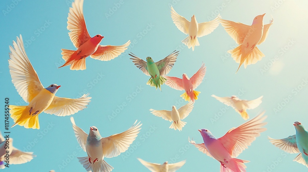 Fototapeta premium Colorful birds in flight against a bright blue sky.