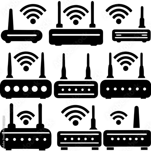 Various Wireless Router Icons in Black Silhouette