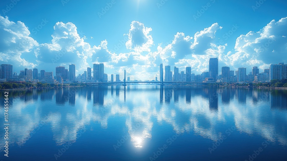 Fototapeta premium City skyline reflected in calm water under a bright sunny sky with fluffy clouds.
