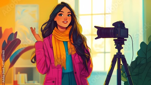 Blogger sitting at a desk recording video with a professional camera on a tripod, engaging with the audience, style of book illustrations