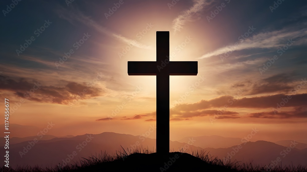 Easter Jesus cross silhouette on vibrant sunset sky, Christian festive resurrection celebration. Religion belief faith & hope Easter Jesus cross silhouette on vibrant sunset sky, Christian festive resurrection celebration. Religion belief faith & hope