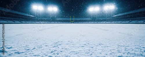 A snow-covered football field at night, illuminated by stadium lights, creating a serene and quiet winter atmosphere.