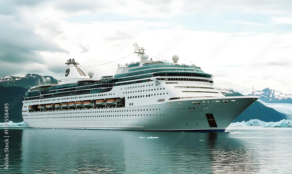 Side view of cruise ship with glacier in the background Side view of cruise ship with glacier in the background