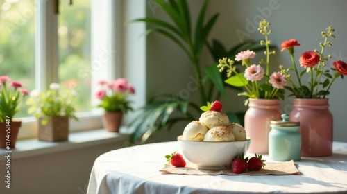 Wallpaper Mural Sweet creamy dessert scoops in a bowl with fresh berries on a table near a sunlit window Torontodigital.ca