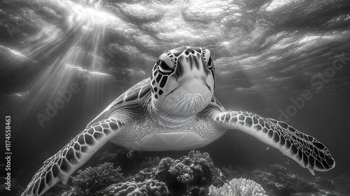 Underwater Sea Turtle Sunbeams Coral Reef Black White photo