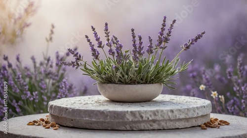 Minimalistic Pastel Lavender Podium with Purple Flowers on Rustic Stone.