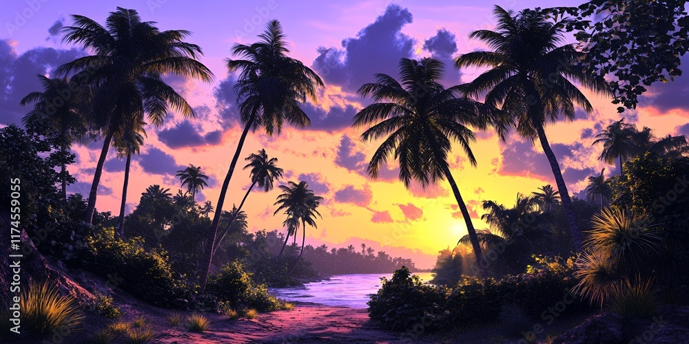 Obraz premium Tropical Sunset Paradise Palm Trees Beach Ocean Sky