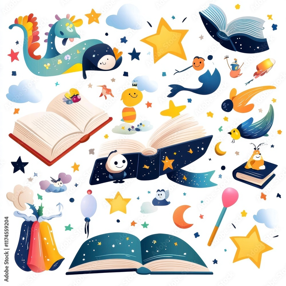 Naklejka premium Magical Storybook Elements Cute Characters, Stars, and Open Books