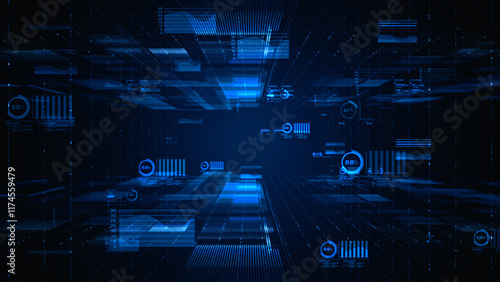Futuristic digital data flow with analytics interface. Abstract technology scene showing a futuristic digital environment with floating data and analytical elements in blue tones. 3d rendering