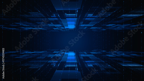 Fototapeta Naklejka Na Ścianę i Meble -  Futuristic digital data flow with analytics interface. Abstract technology scene showing a futuristic digital environment with floating data and analytical elements in blue tones. 3d rendering