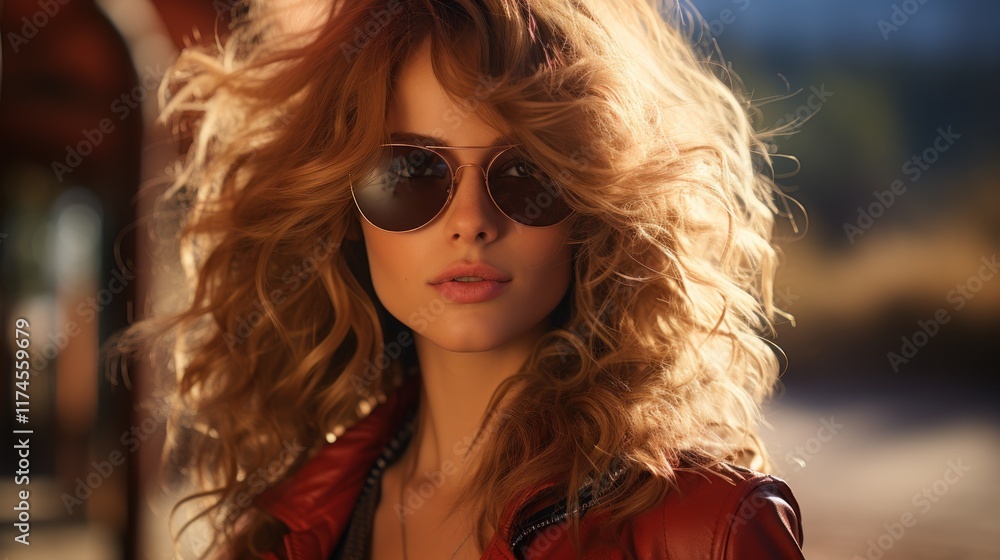 Fototapeta premium Golden Hour Glamour: A Portrait of a Woman with Curly Hair and Sunglasses