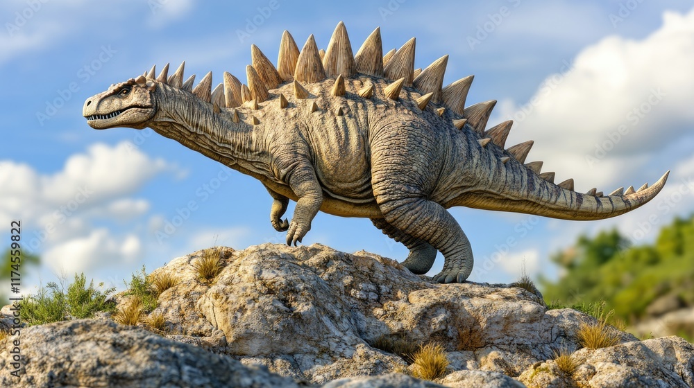 Fototapeta premium A realistic depiction of a dinosaur on rocky terrain under a blue sky with clouds.