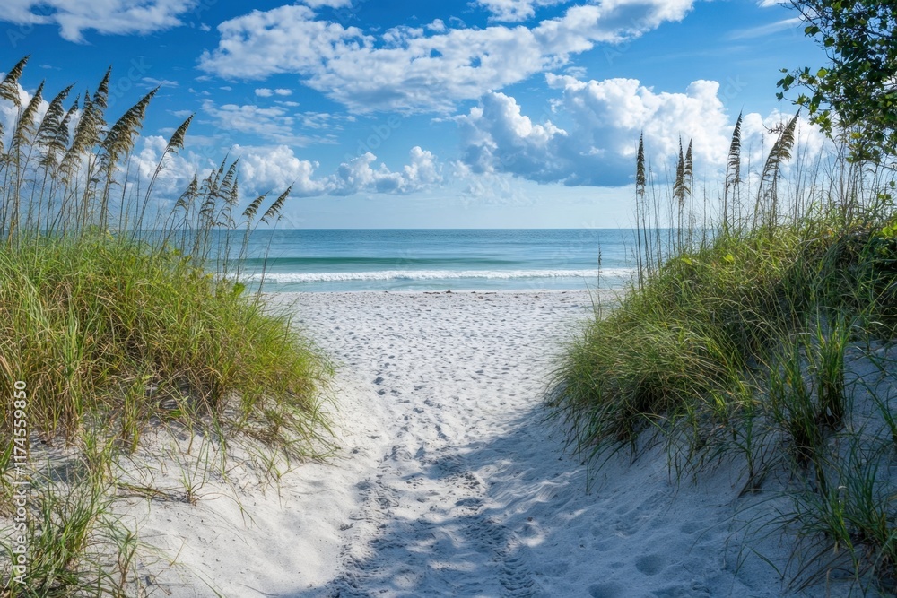 Sandy beach path leads to ocean under a blue sky Sandy beach path leads to ocean under a blue sky