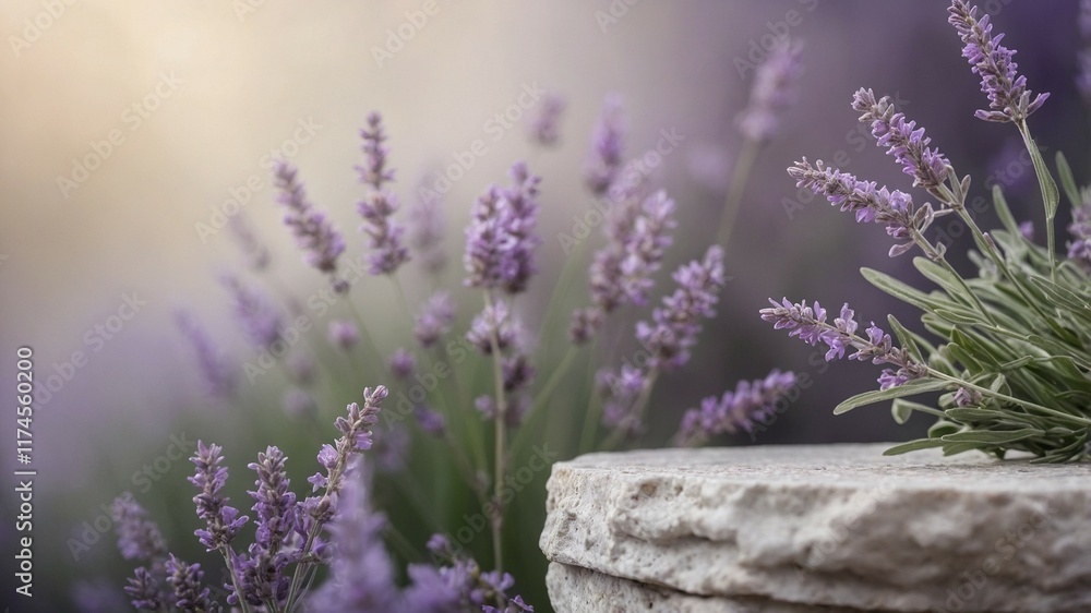 Obraz premium Minimalistic Pastel Lavender Podium with Purple Flowers on Rustic Stone.