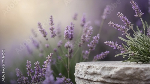Minimalistic Pastel Lavender Podium with Purple Flowers on Rustic Stone.
