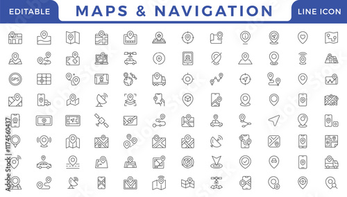 Maps and Navigation icon set illustration with map, navigation, gps, compass, directions, route, path, waypoint, destination, location icon set vector