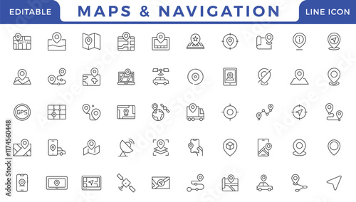 Maps and Navigation icon set illustration with map, navigation, gps, compass, directions, route, path, waypoint, destination, location icon set vector