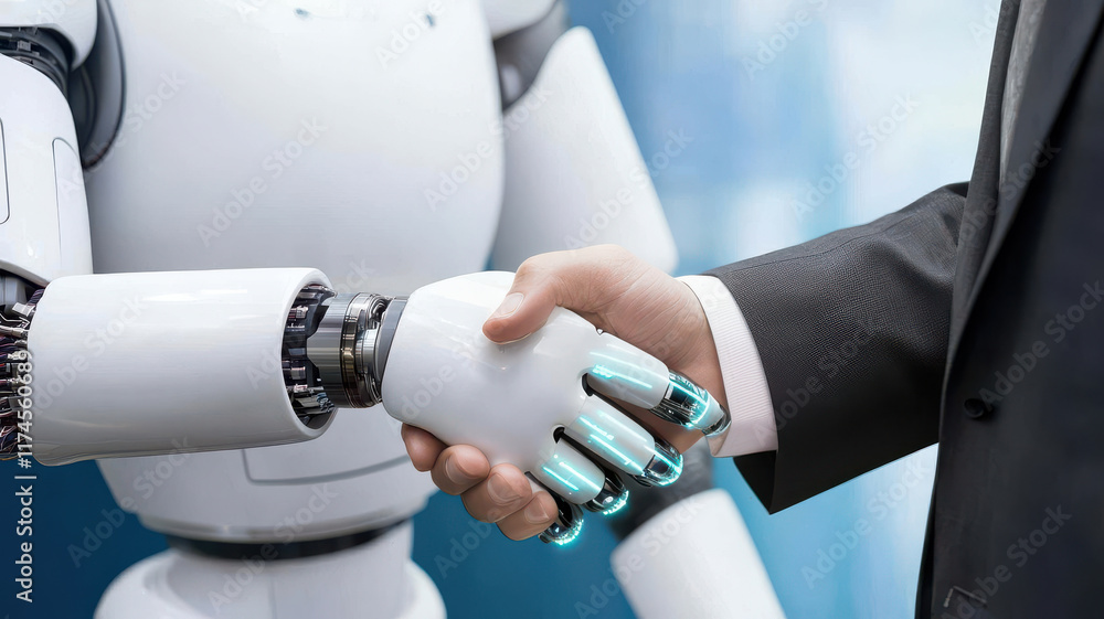 AI and Machine Learning concept, Human and robot shaking hands in corporate setting, symbolizing collaboration AI and Machine Learning concept, Human and robot shaking hands in corporate setting, symbolizing collaboration