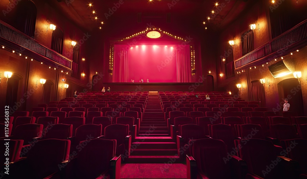 Naklejka premium A large cinema hall with red velvet seats, illuminated by warm lights and adorned with a grand stage at the front