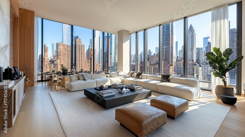 Modern NYC apartment living room, city view, sunlight, luxury real estate