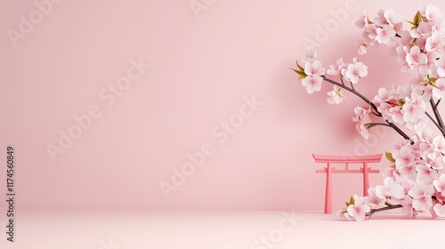 Cherry Blossom with Torii Gate on Pink Background