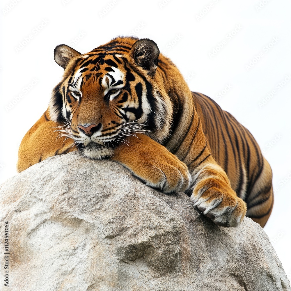 A majestic tiger resting on a rock, showcasing its striking fur and powerful presence. A majestic tiger resting on a rock, showcasing its striking fur and powerful presence.