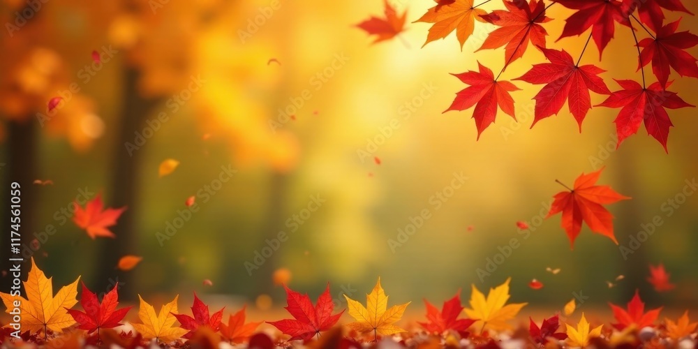 Autumnal Landscape Featuring Vibrant Red and Gold Maple Leaves Falling Gracefully in a Sunlit Forest Autumnal Landscape Featuring Vibrant Red and Gold Maple Leaves Falling Gracefully in a Sunlit Forest