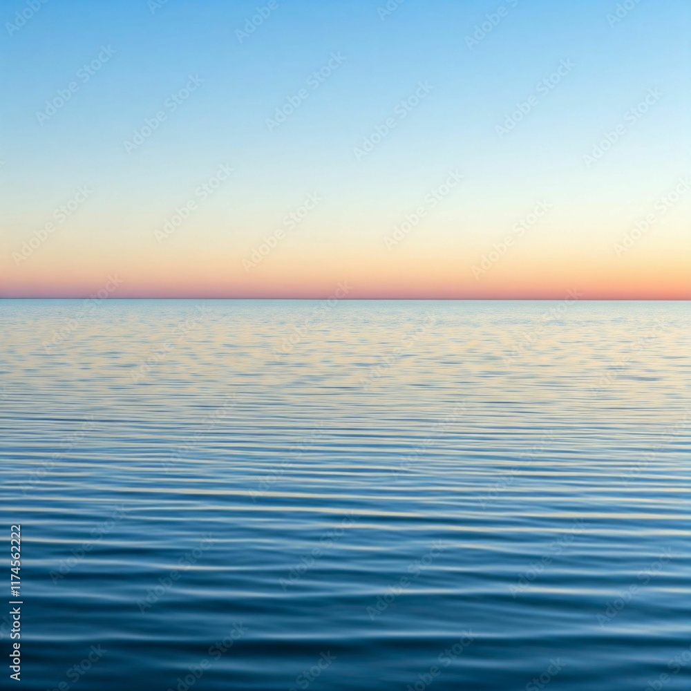 Obraz premium A smooth, calm ocean surface with soft ripples and light blue water, reflecting a pastel sky with a faint hint of the sun setting in the distance, ideal for serene and peaceful designs.