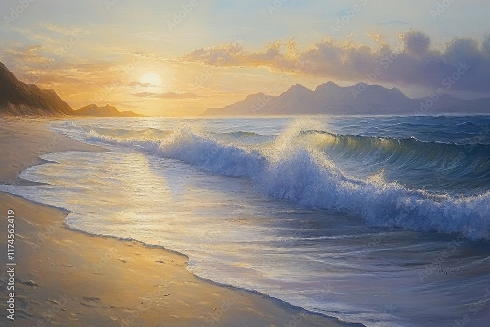 Serene Sunset Beach Scene With Rolling Waves Serene Sunset Beach Scene With Rolling Waves