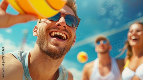 A joyful young Caucasian man in sunglasses throws a beach ball, surrounded by friends at a sunny outdoor setting, capturing a moment of summer fun.
