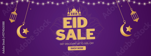 Eid sale, web header or banner design with crescent moon, and 55% discount offers on purple background.
