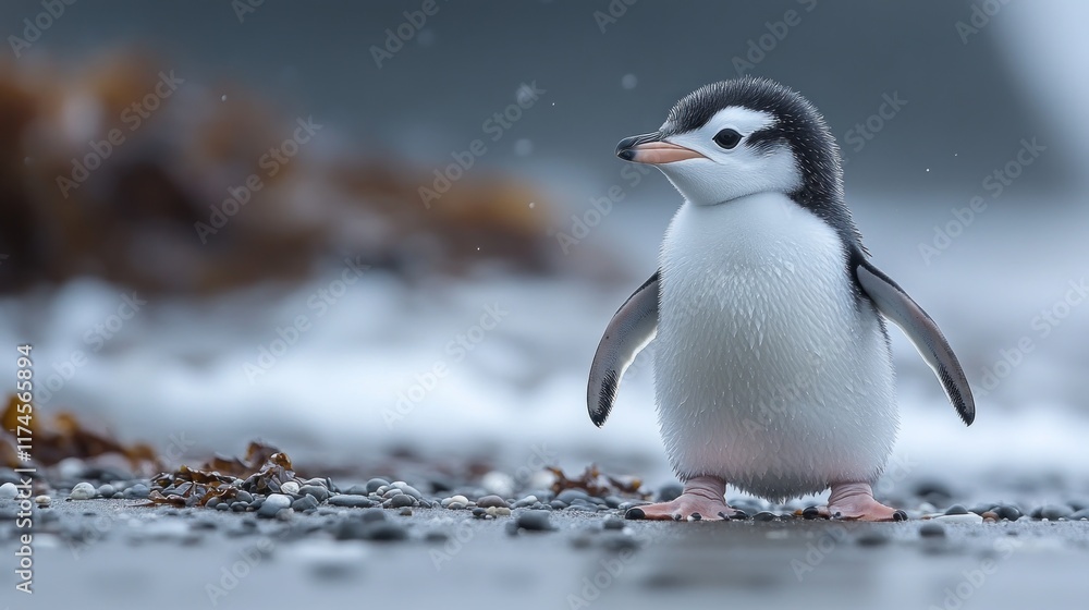 Obraz premium Adorable Chinstrap penguin chick standing on a beach near the ocean.