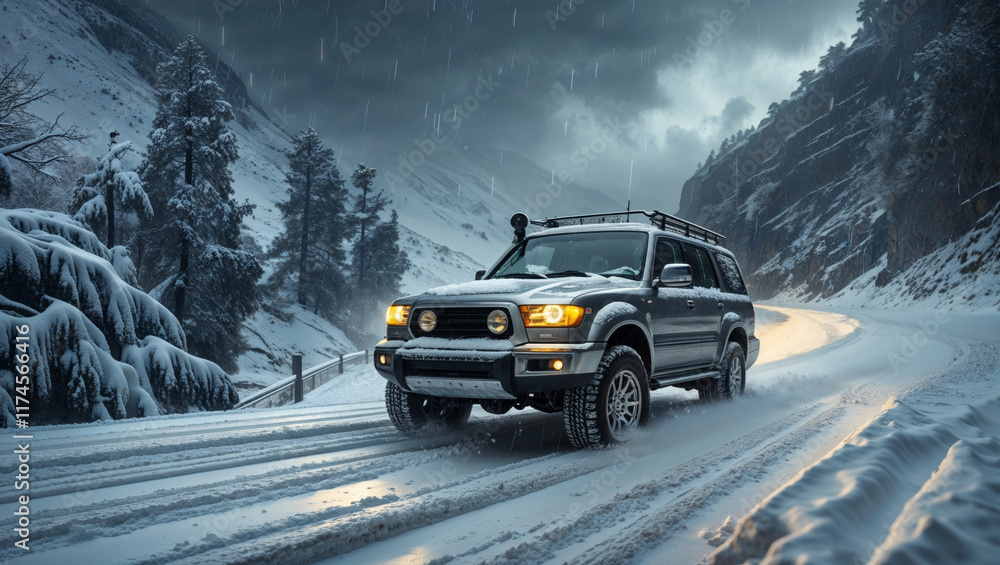 SUV navigating a snowy mountain road under overcast gray skies in winter SUV navigating a snowy mountain road under overcast gray skies in winter
