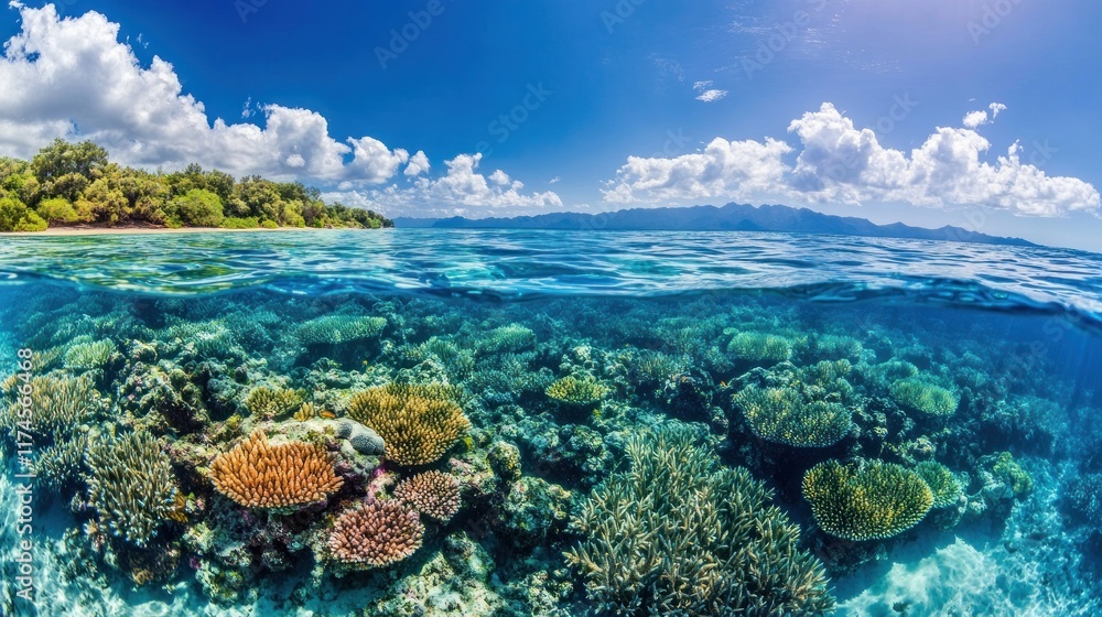 Naklejka premium Tropical Island Paradise with Lush Vegetation and Vibrant Coral Reef