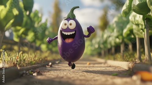 Happy cartoon eggplant running on a garden path. photo