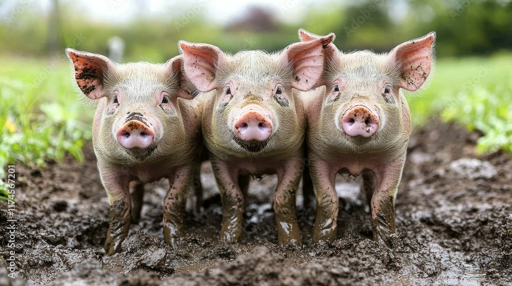 Three adorable piglets standing together in a muddy field. Three adorable piglets standing together in a muddy field.