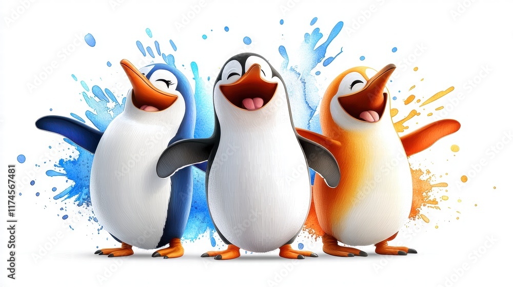 Three Cheerful Penguins Splashing in Watercolor. Three Cheerful Penguins Splashing in Watercolor.