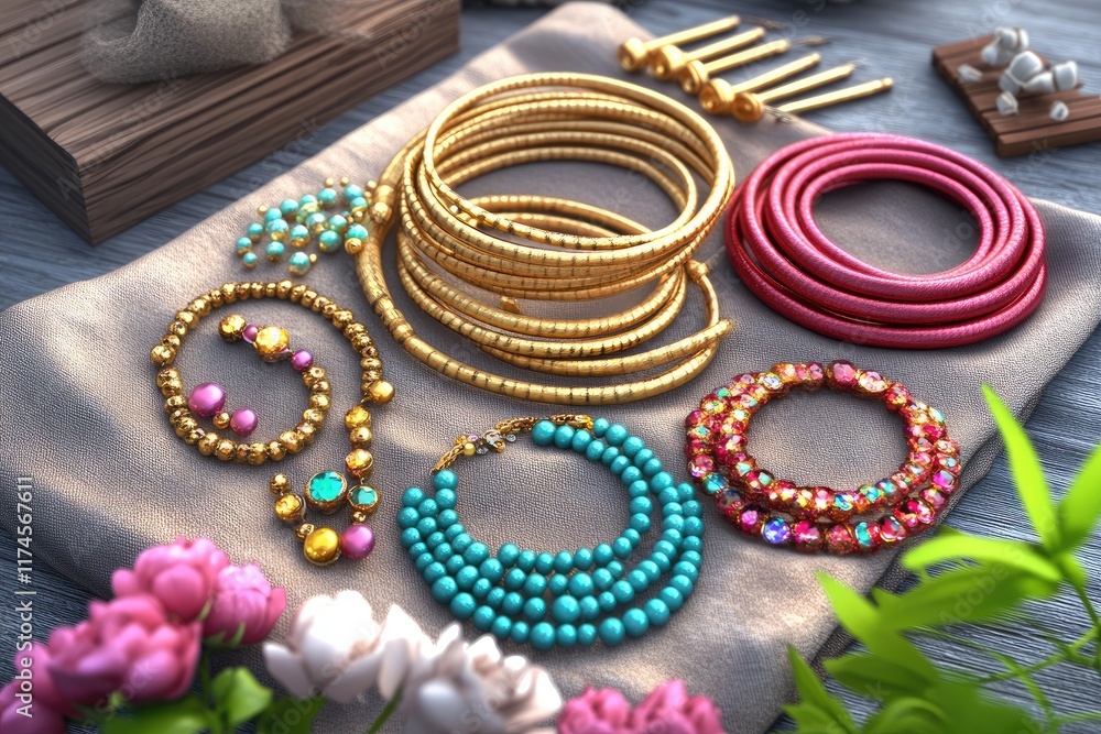 A vibrant display of assorted jewelry pieces arranged on a soft surface. A vibrant display of assorted jewelry pieces arranged on a soft surface.