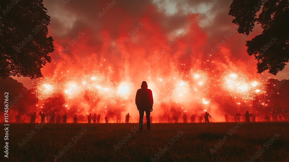 Fototapeta premium Person Silhouetted Against a Fiery Red Fireworks Display
