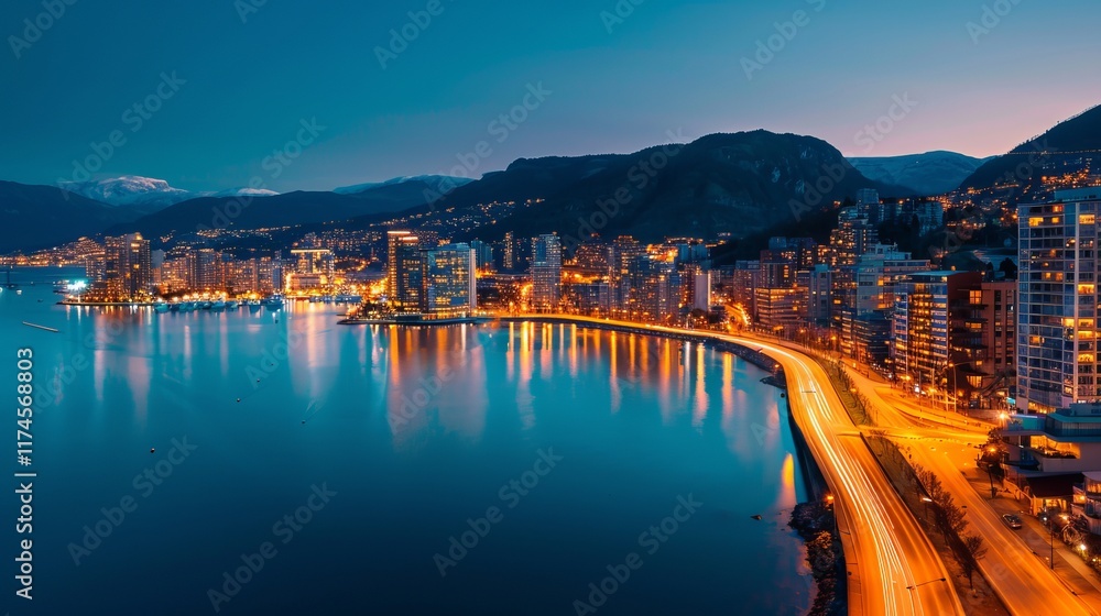 Naklejka premium A stunning night view of a coastal city illuminated by city lights, showcasing modern architecture and a smooth waterfront road.