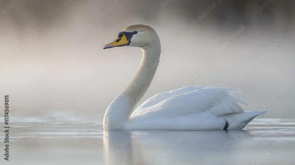 Fototapeta premium A serene swan glides gracefully across a misty water surface.