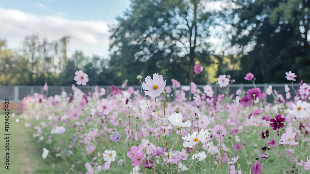 cosmos flower field meadow and natural scenic landscape sunset. cosmos flower field meadow and natural scenic landscape sunset.