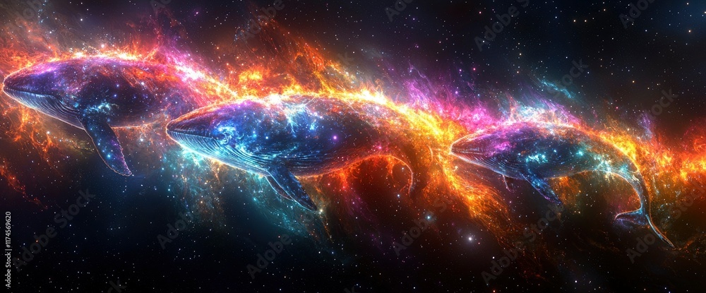 Fototapeta premium Celestial Whales Cosmic Dance of Fire and Stardust