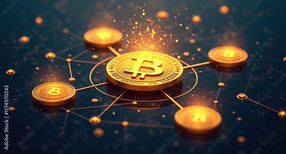 Fototapeta premium A stock illustration representing Bitcoin as digital gold, with radiant golds and dark blues
