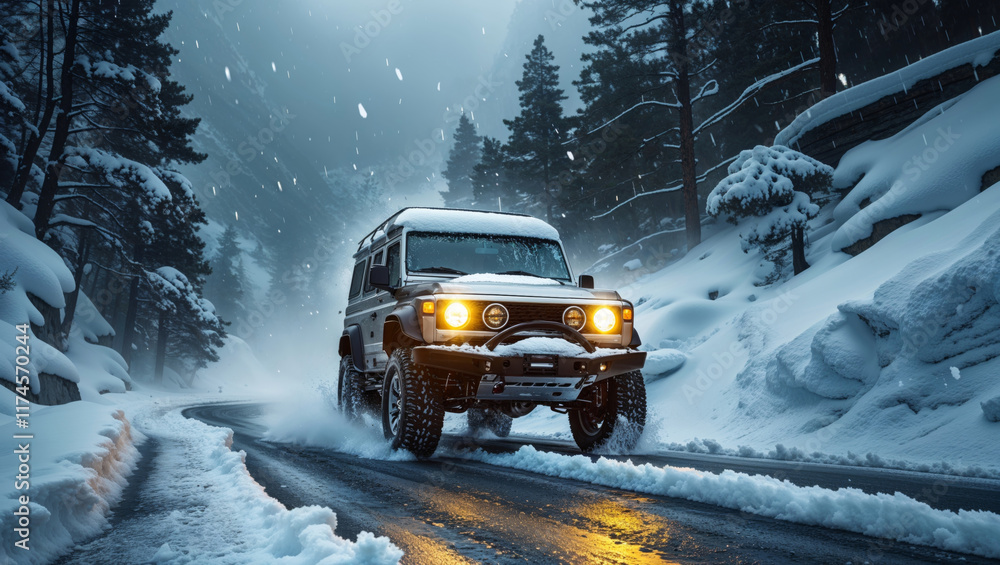 Off-road vehicle navigates snowy mountain road in winter landscape during a snowfall Off-road vehicle navigates snowy mountain road in winter landscape during a snowfall